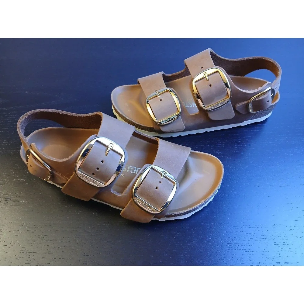 Birkenstock Milano Big Buckle Sandals Cognac Oiled Leather EU 36 US 5 Gold